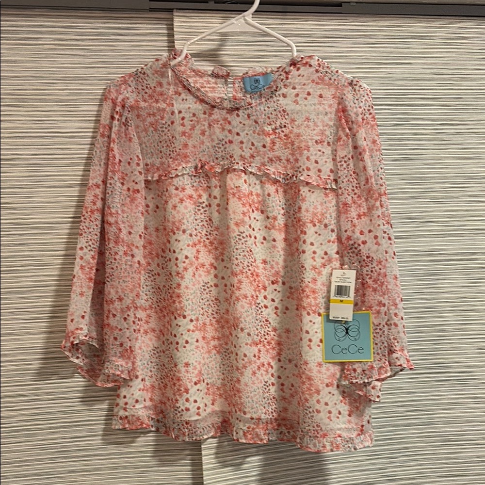 CeCe Sheer Blouse with Red and White Floral Design
